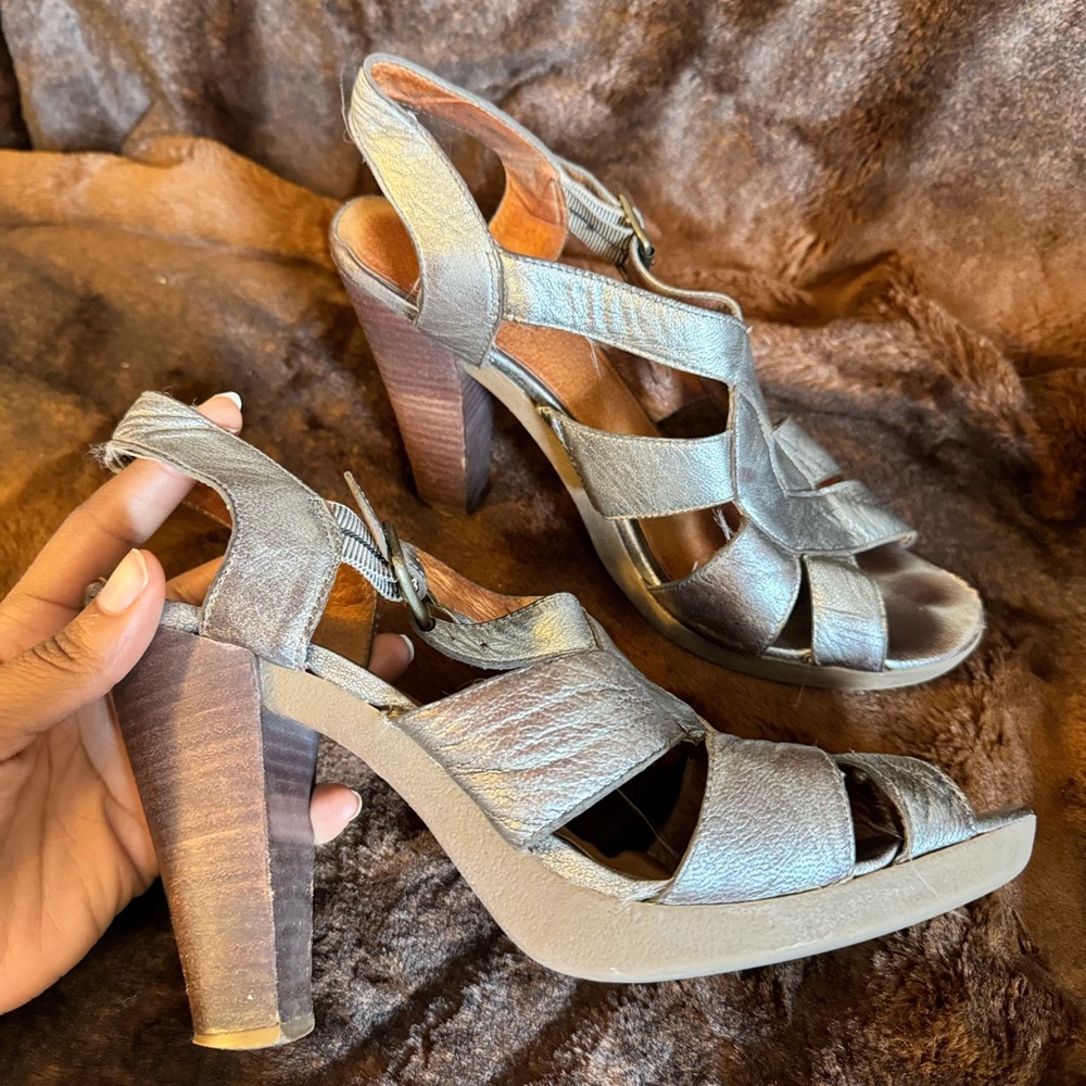 Size 10 pewter heels with crisscross and cut out detailing. Kors by Michael Kors